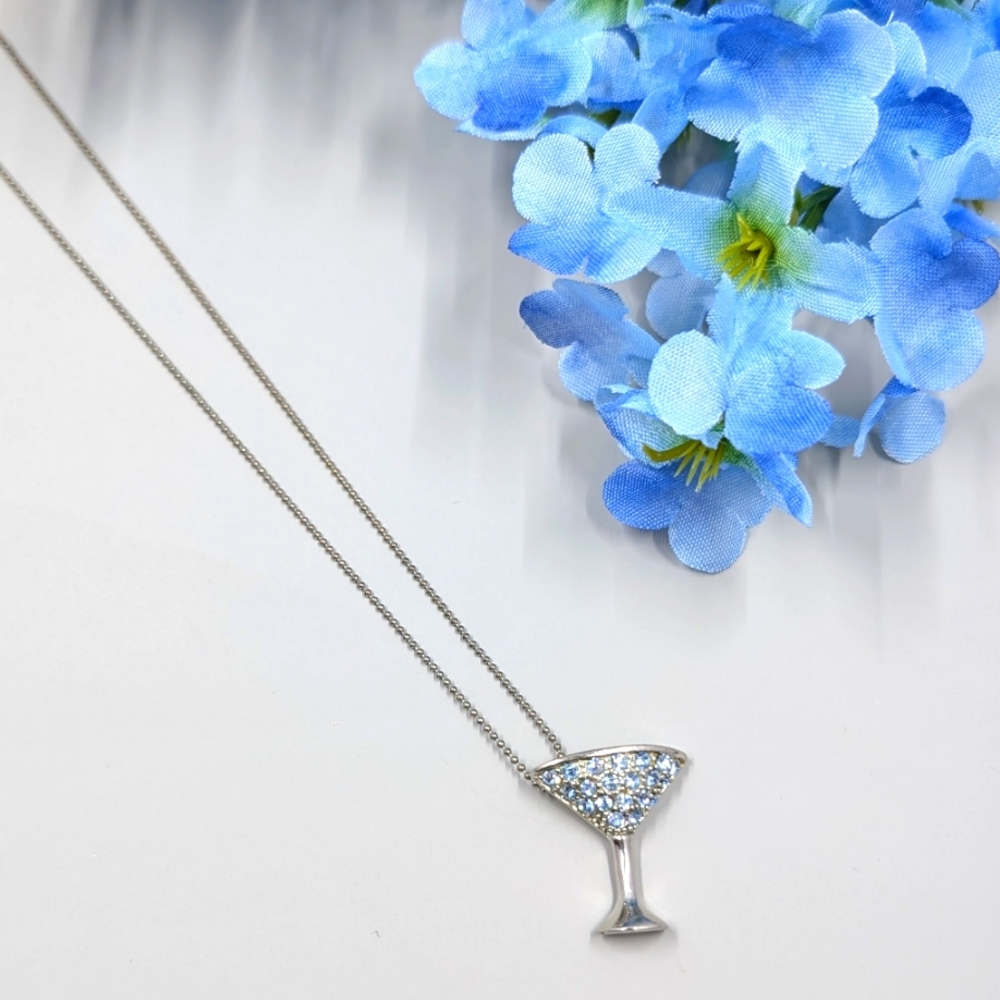 Genuine Blue Crystal Martini Glass Pendant Silver Plated Vintage Necklace